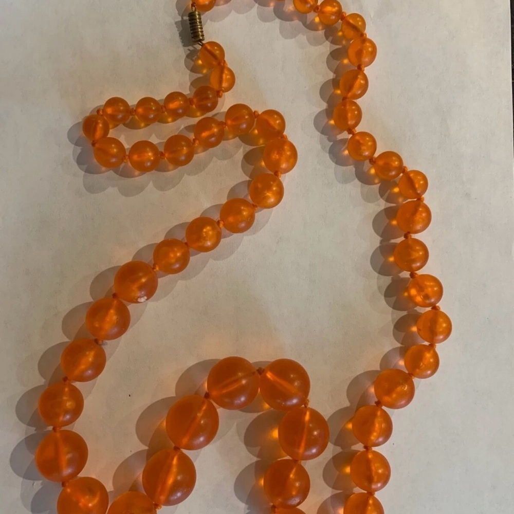 Vintage Lucite Beaded Necklace  Frosted Orange Bubble Style Beads 34” Long Retro